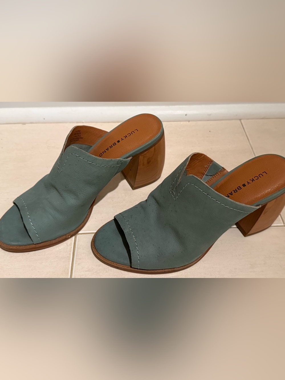 Lucky Brand Teal Open-Toe Wood Block Heel Mules